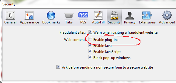 Safari Disable Flash menu